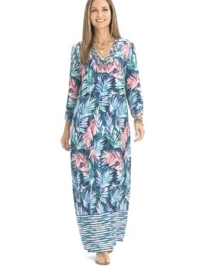 Kate Landry Tropical Leaf V-Neck Maxi Cover-Up Dress - Blue & Pink